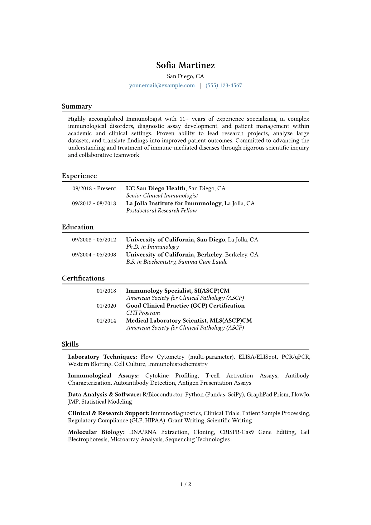 Immunologist Resume Example CV template - Page 1