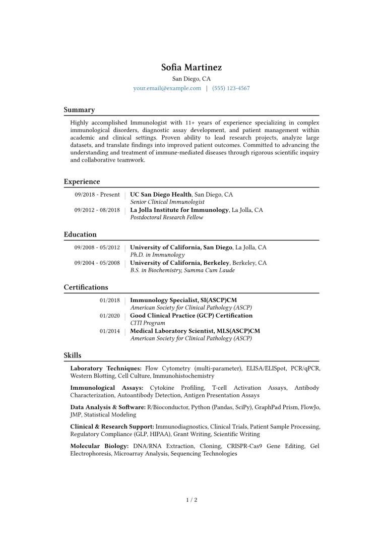 Immunologist Resume Example CV template preview
