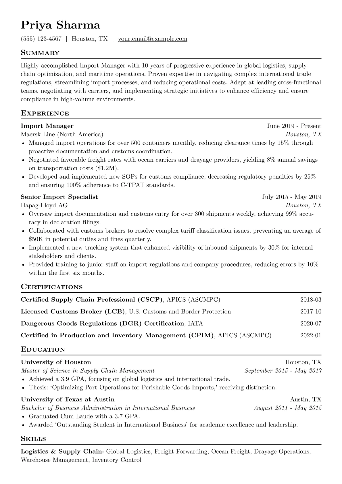 Import Manager Resume Example CV template - Page 1