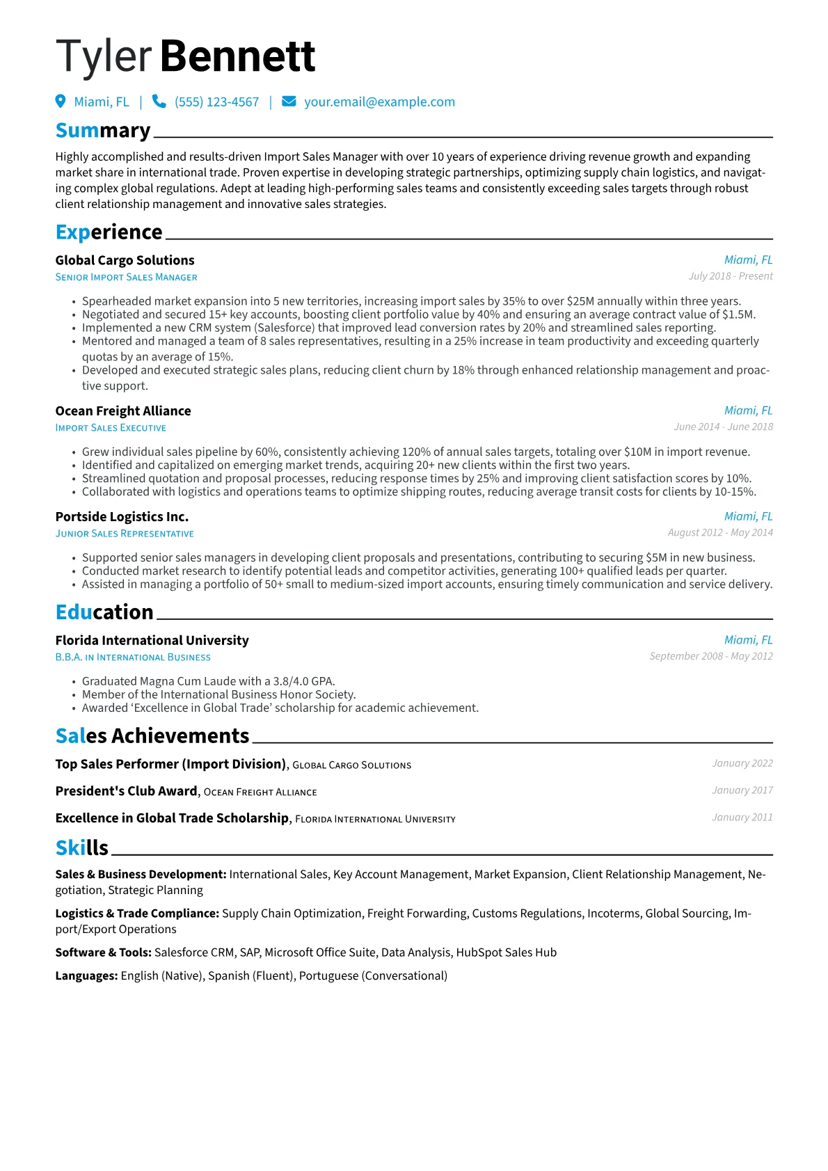 Import Sales Manager Resume Example CV template - Page 1