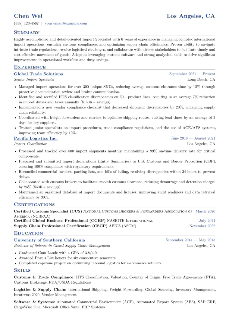 Import Specialist Resume Example CV template preview