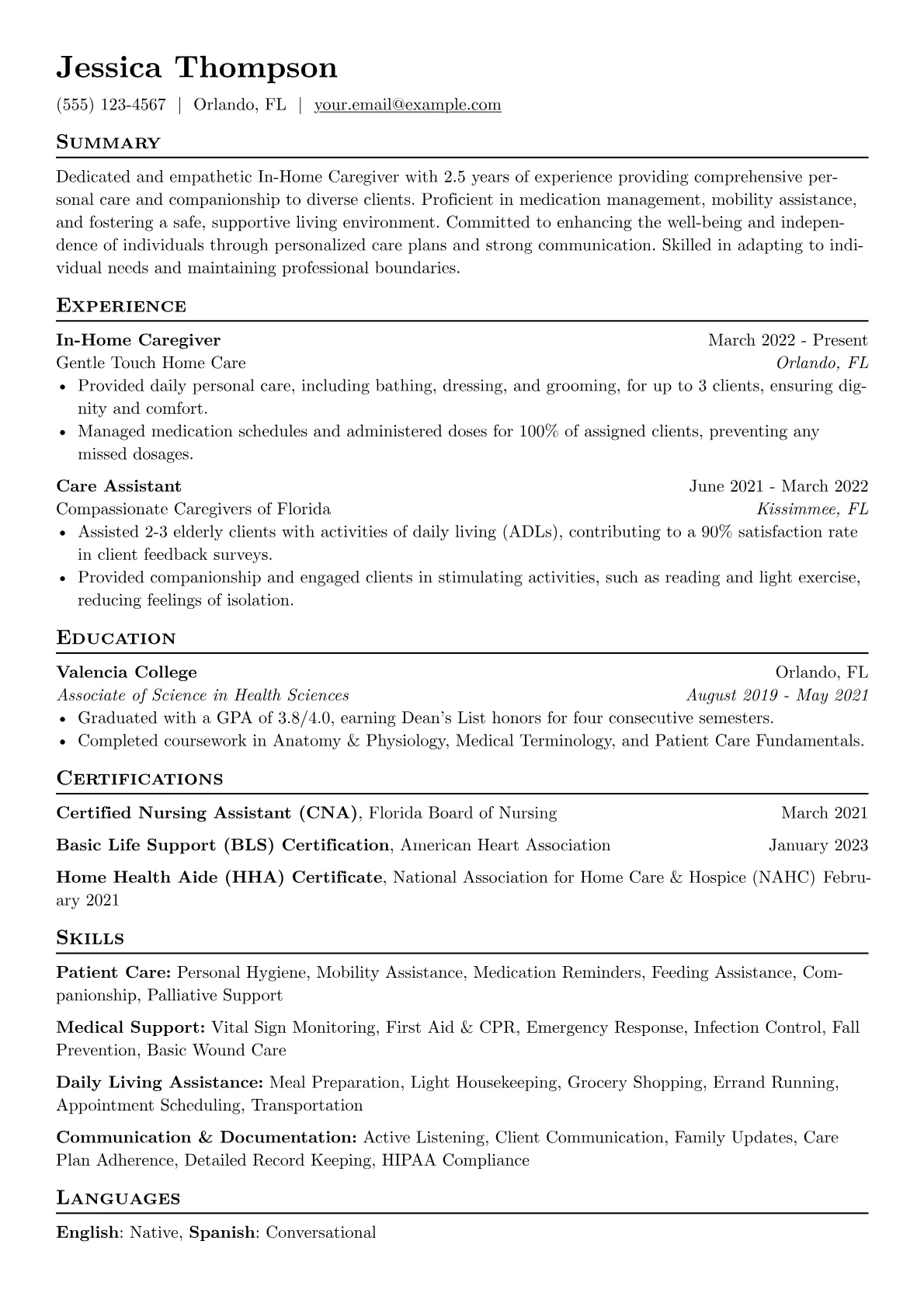 In-Home Caregiver Resume Example CV template - Page 1