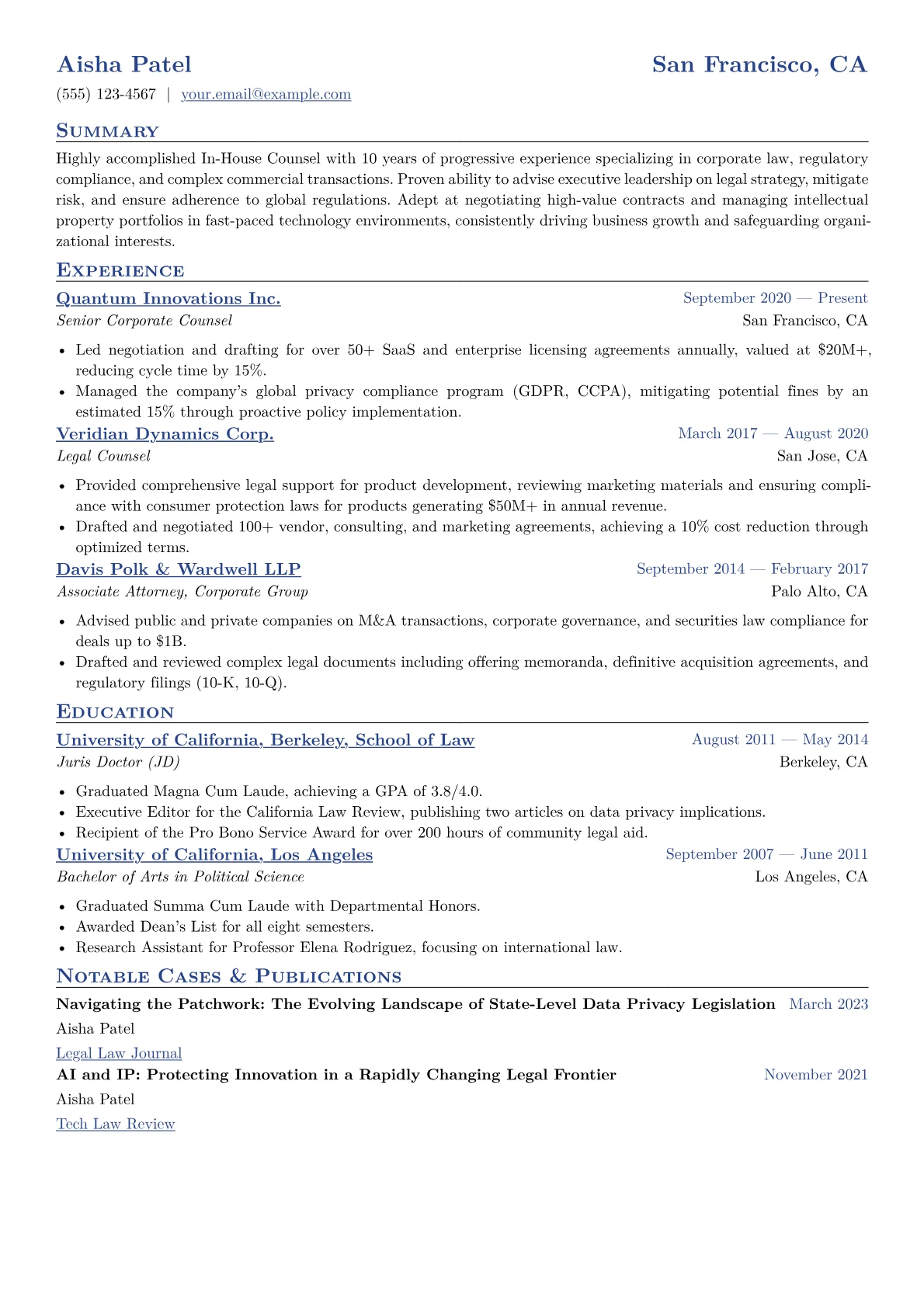In-House Counsel Resume Example CV template - Page 1