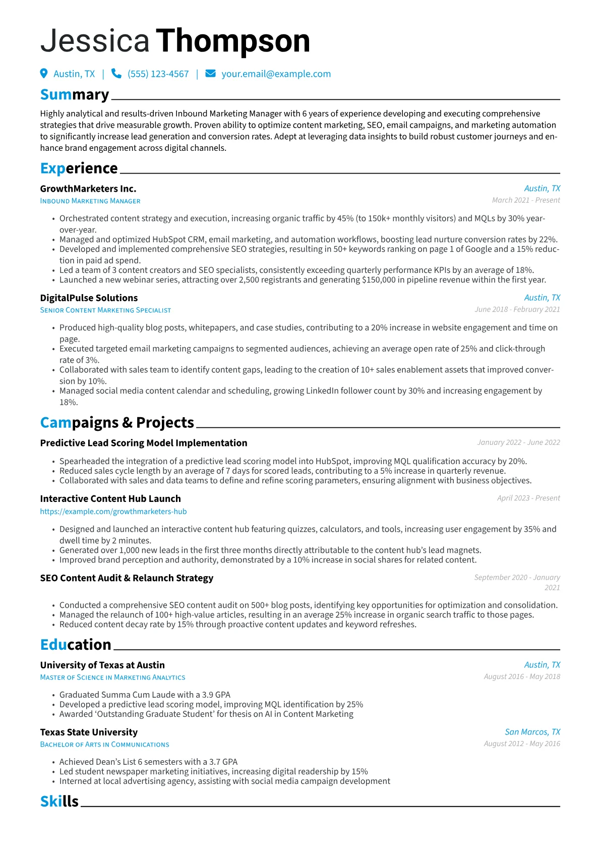 Inbound Marketing Manager Resume Example CV template - Page 1
