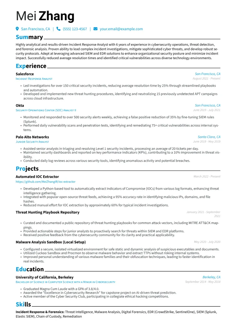 Incident Response Analyst Resume Example CV template preview