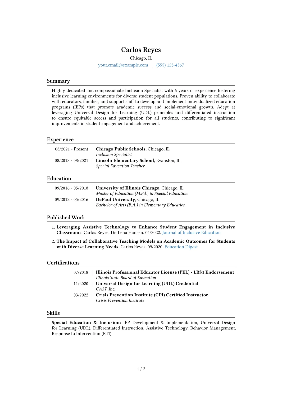 Inclusion Specialist Resume Example CV template - Page 1