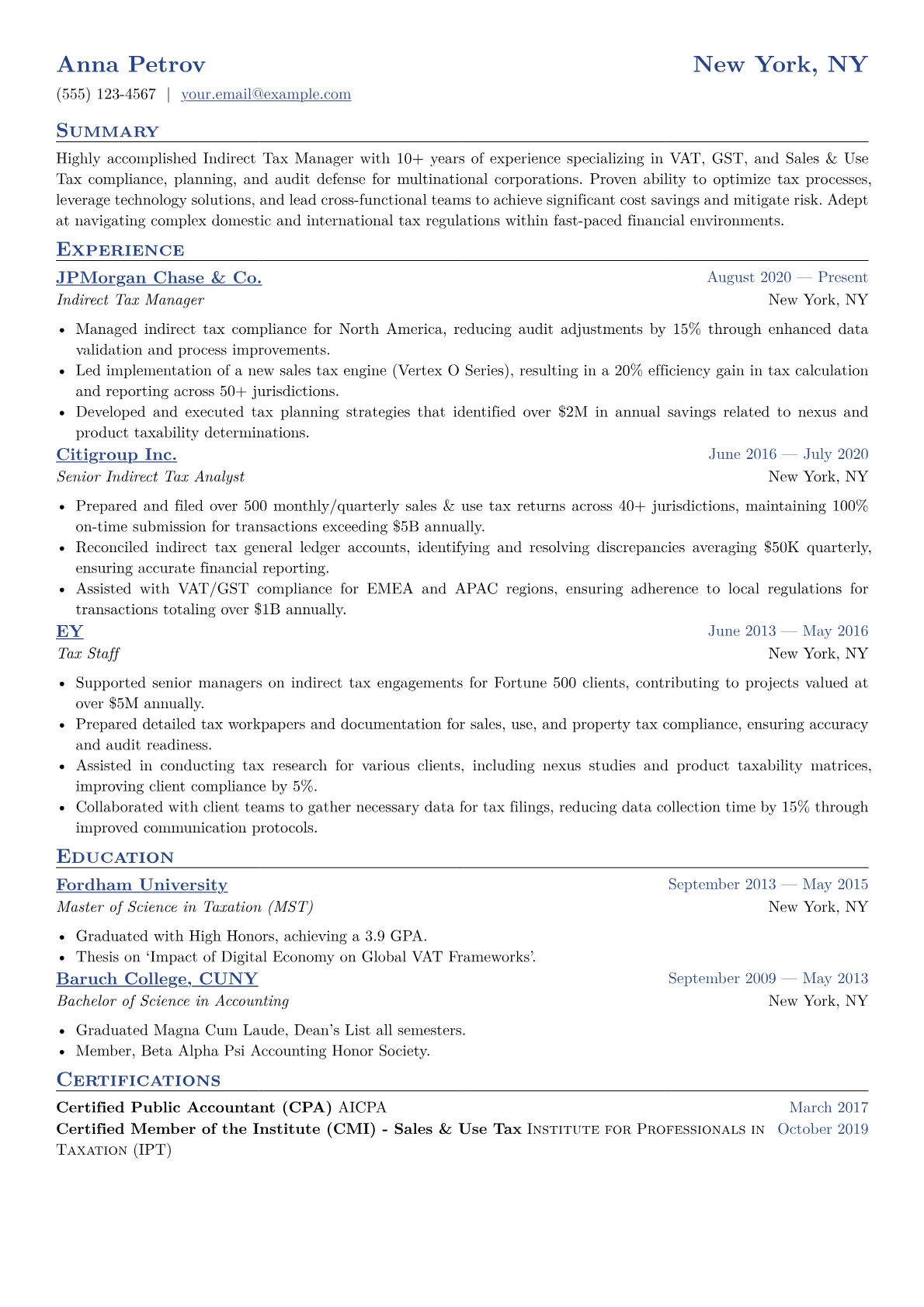 Indirect Tax Manager Resume Example CV template - Page 1