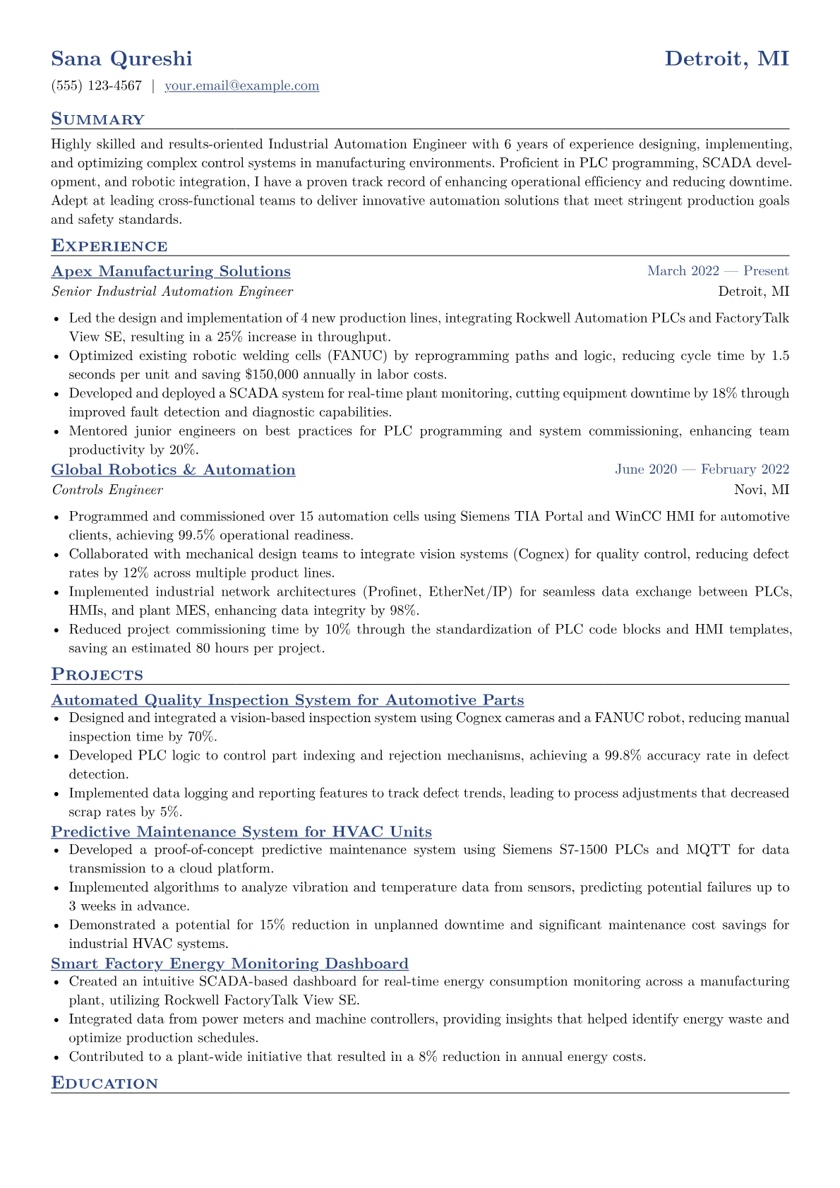 Industrial Automation Engineer Resume Example CV template - Page 1