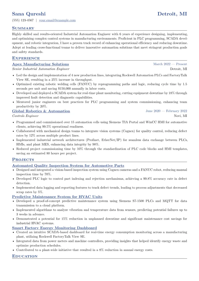 Industrial Automation Engineer Resume Example CV template preview