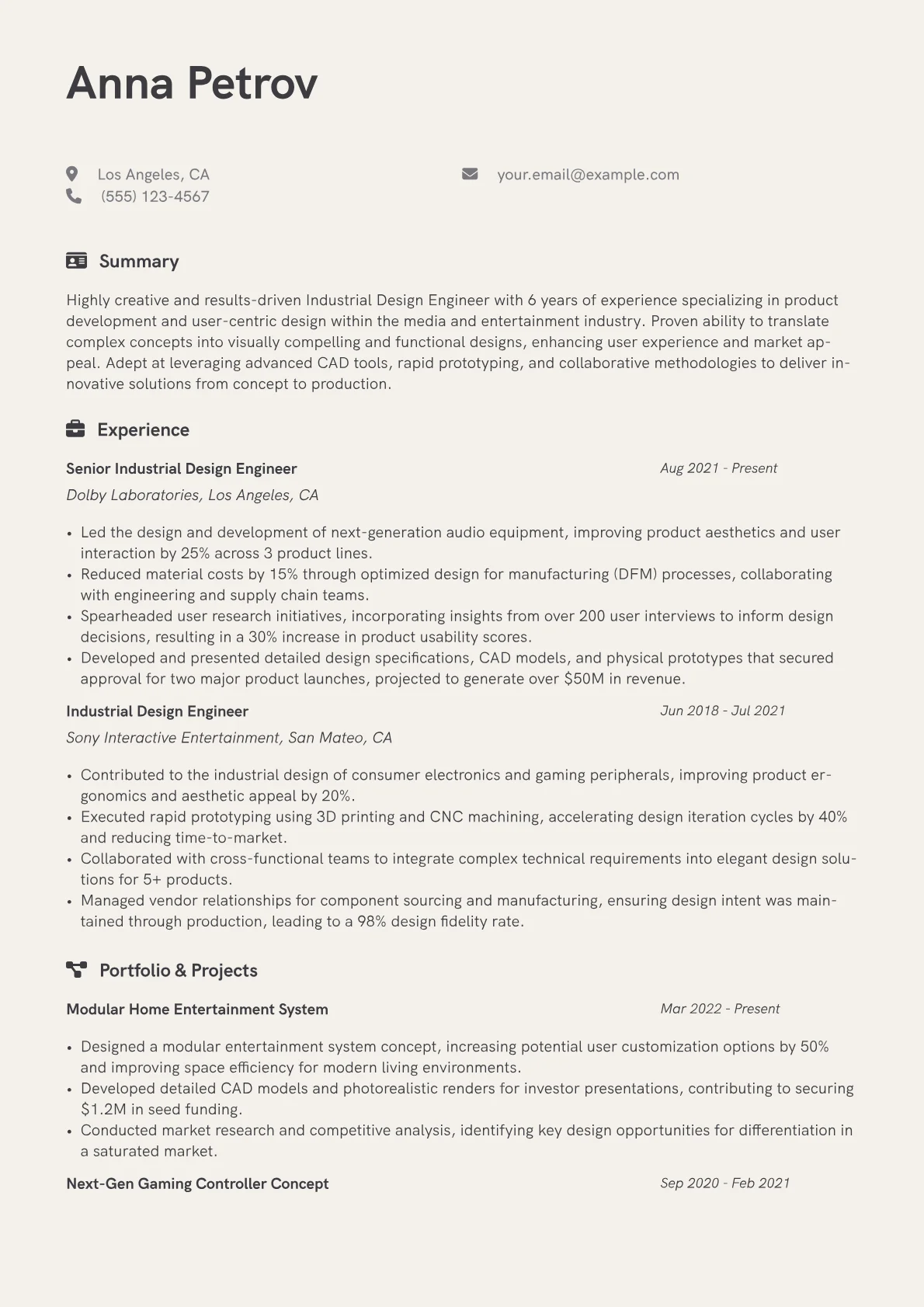 Industrial Design Engineer Resume Example CV template - Page 1