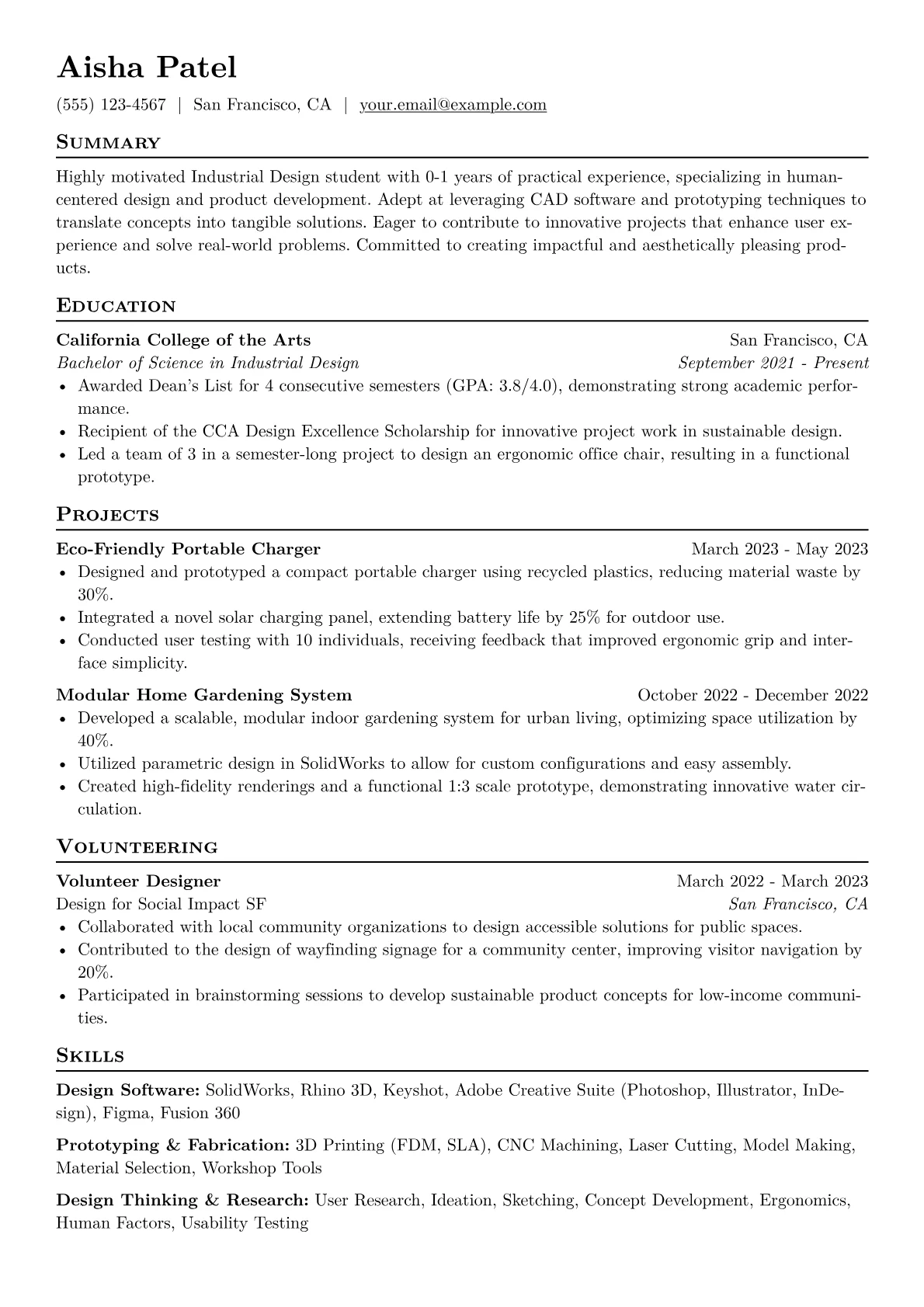 Industrial Design Student Resume Example CV template - Page 1