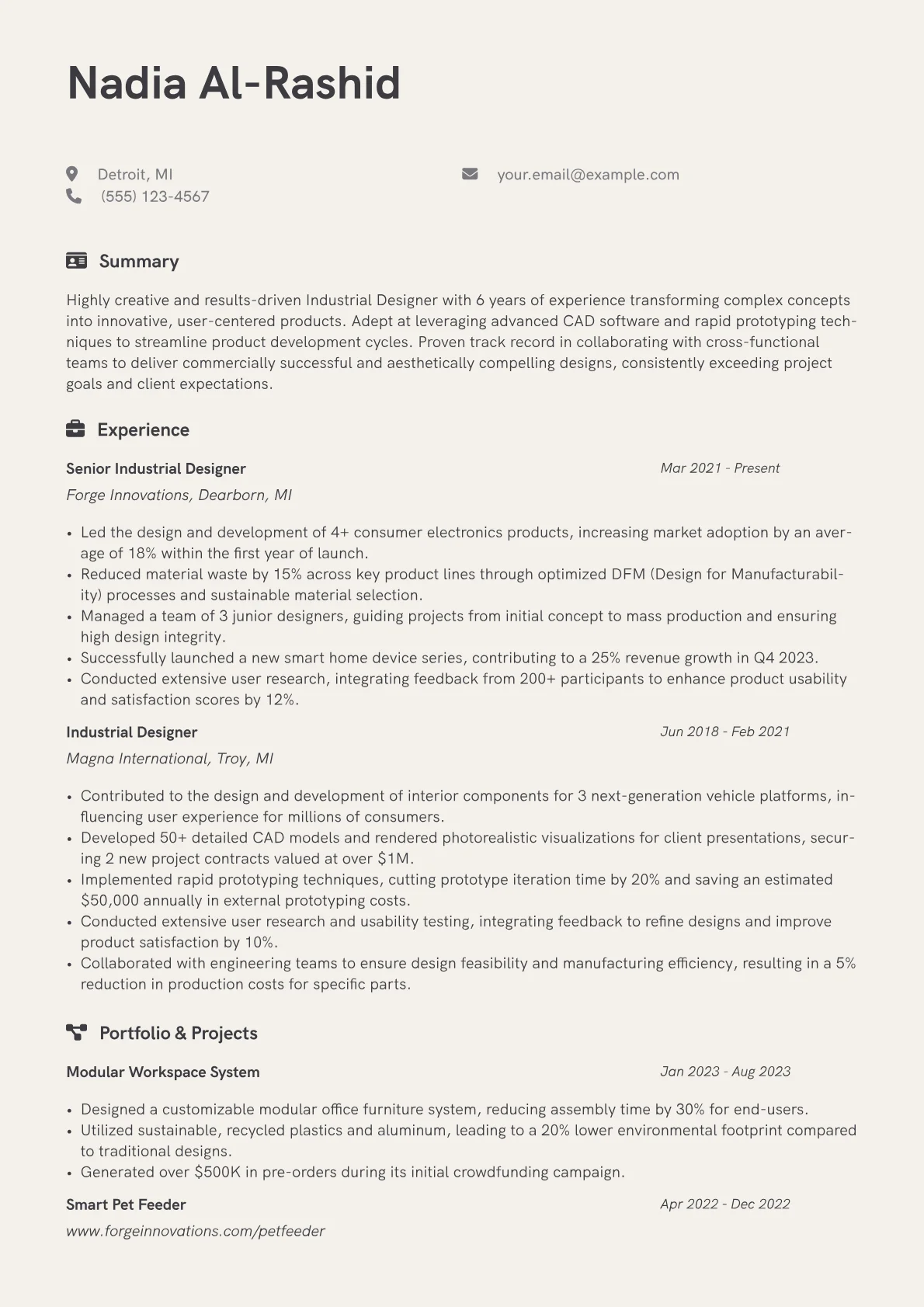 Industrial Designer Resume Example CV template - Page 1