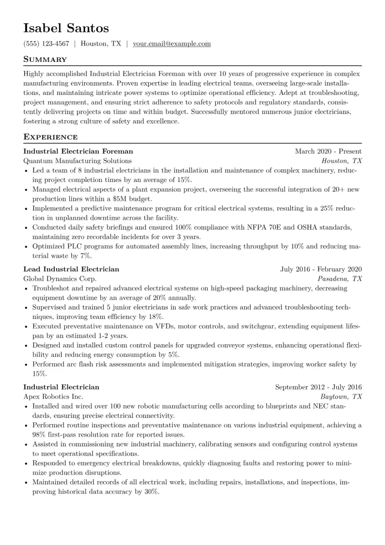 Industrial Electrician Foreman Resume Example CV template preview
