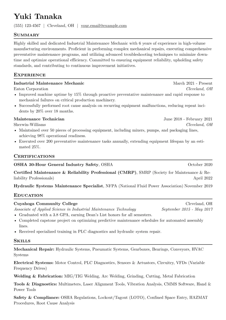 Industrial Maintenance Mechanic Resume Example CV template preview