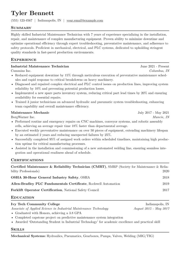 Industrial Maintenance Technician Resume Example CV template preview