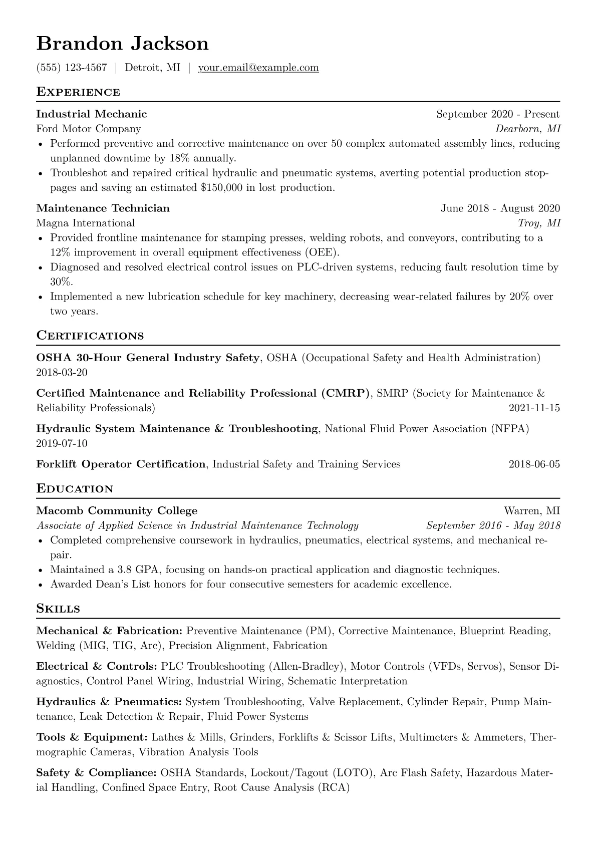 Industrial Mechanic Resume Example CV template - Page 1