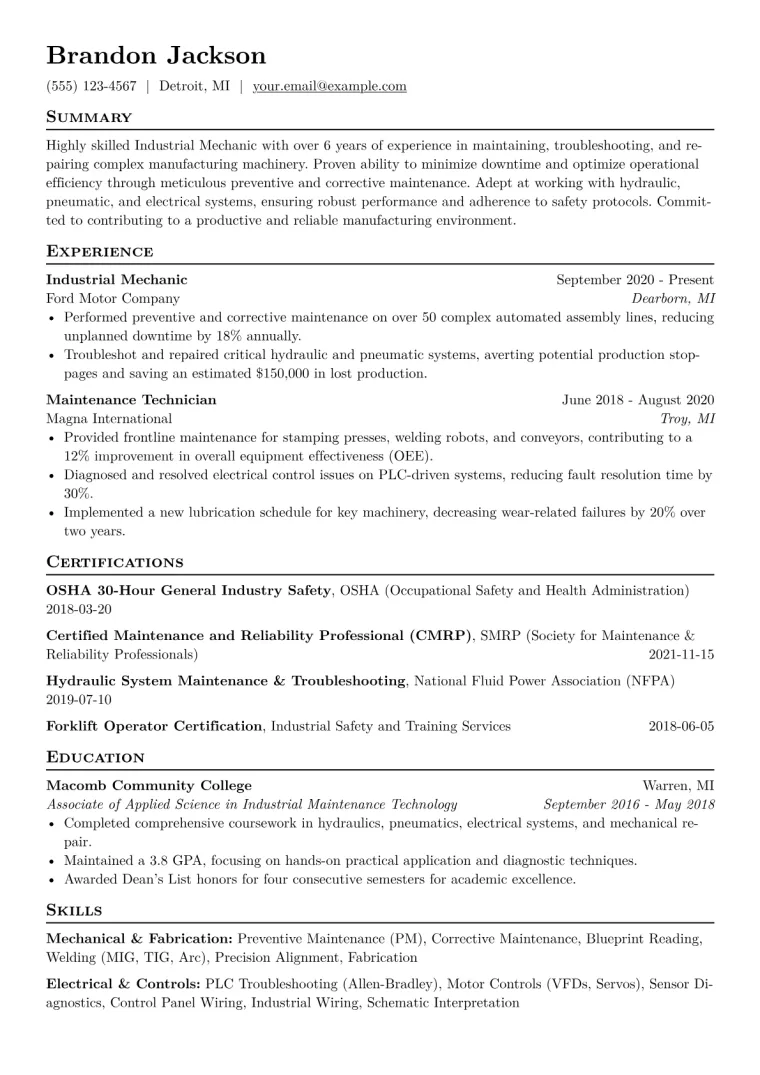 Industrial Mechanic Resume Example CV template preview