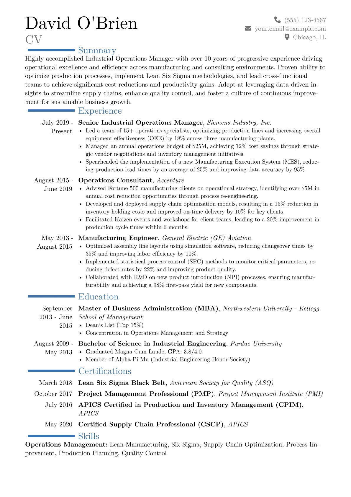 Industrial Operations Manager Resume Example CV template - Page 1