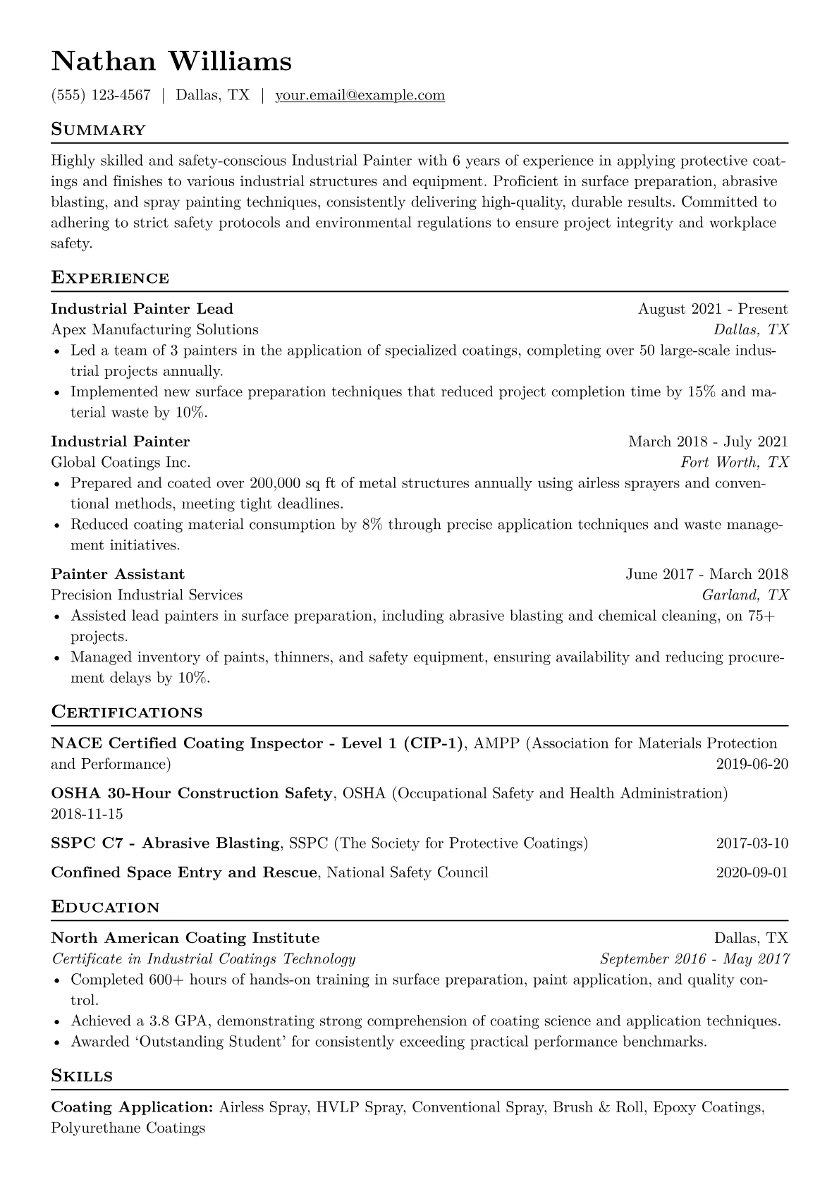 Industrial Painter Resume Example CV template - Page 1