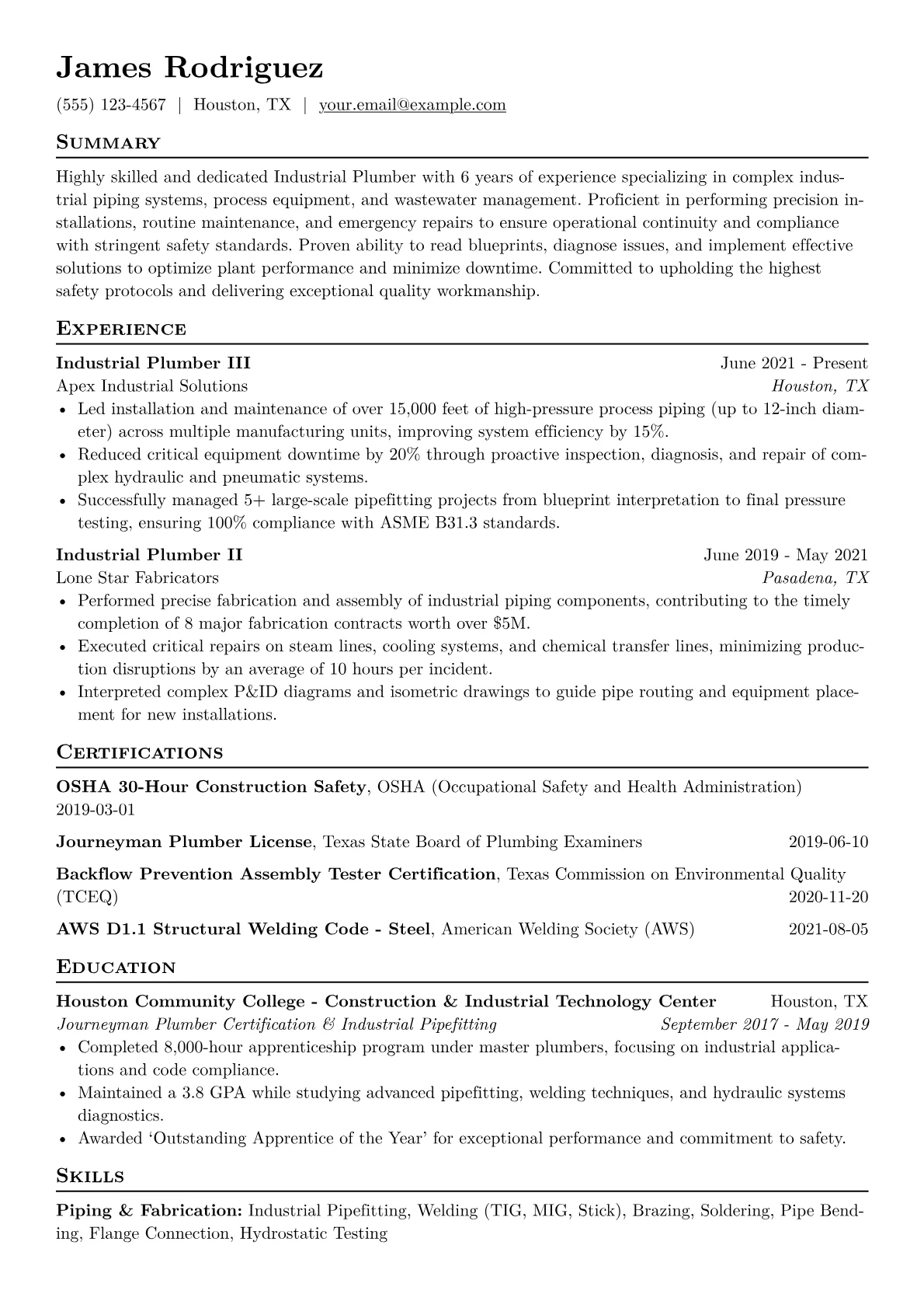 Industrial Plumber Resume Example CV template - Page 1