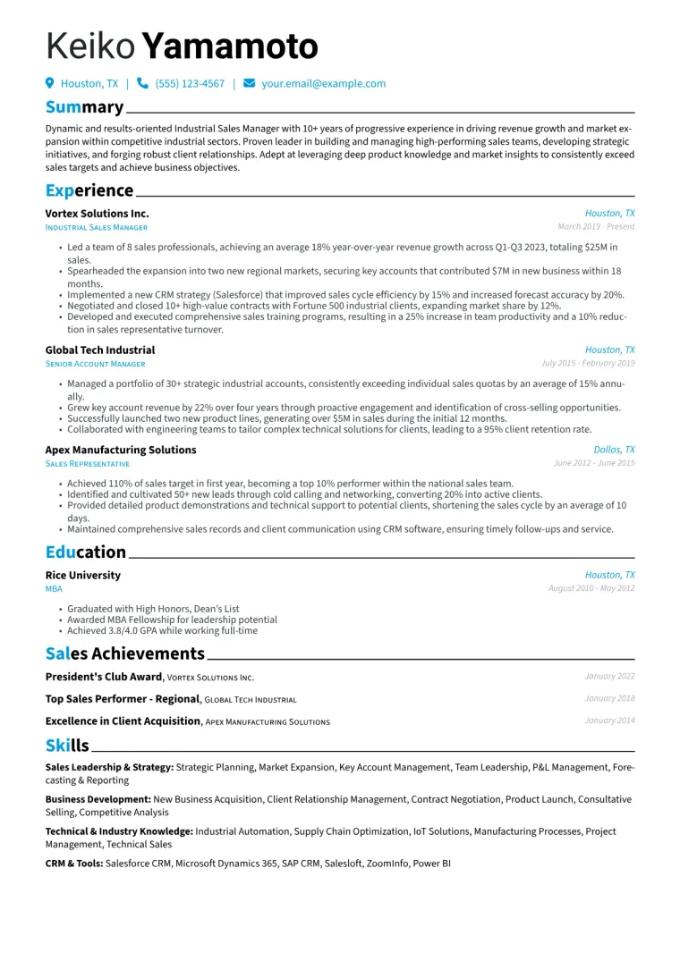 Industrial Sales Manager Resume Example CV template preview