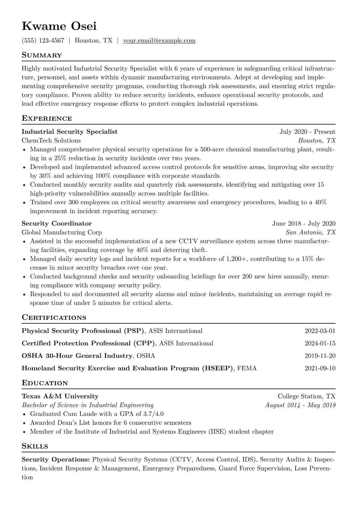 Industrial Security Specialist Resume Example CV template - Page 1
