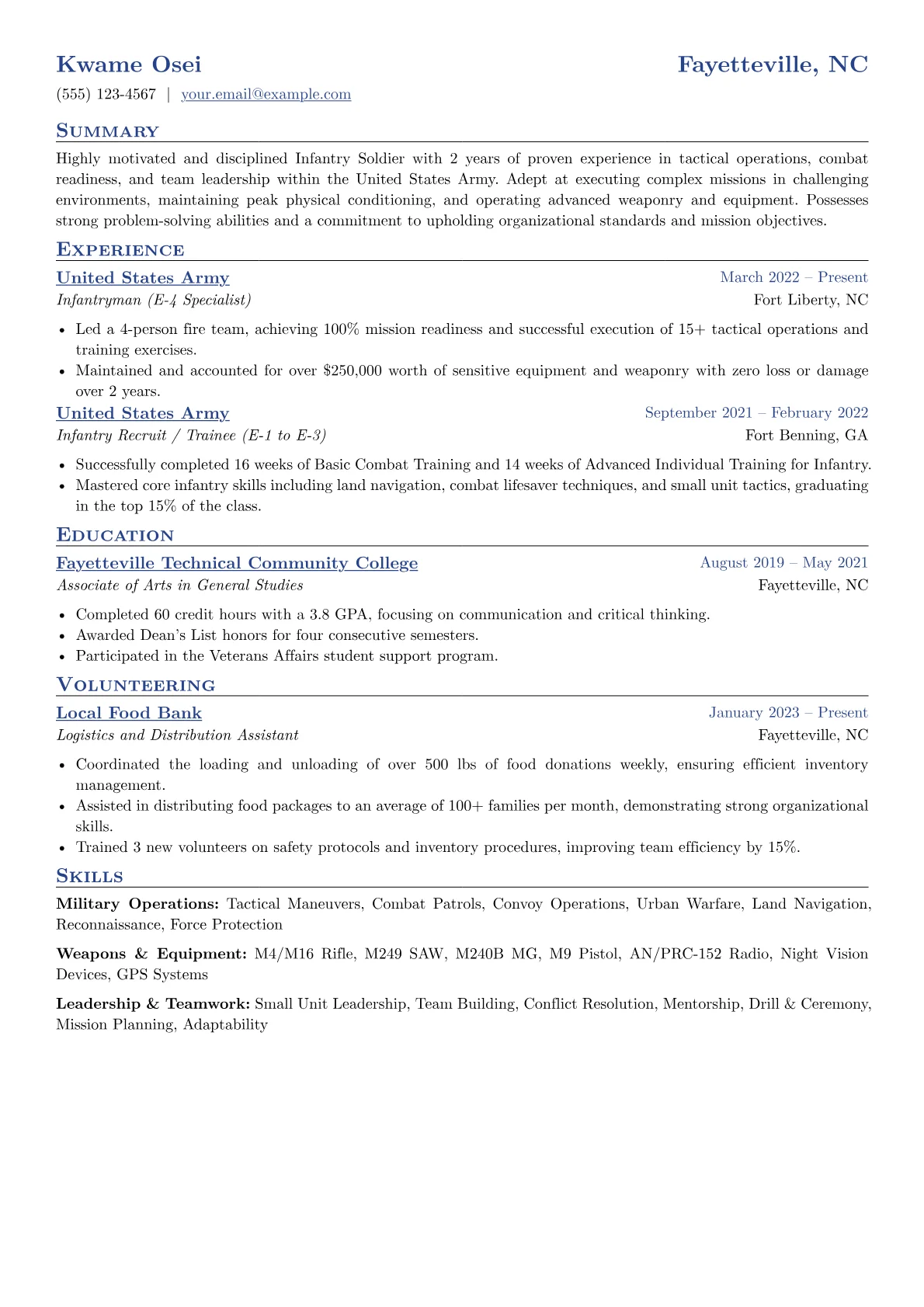 Infantry Soldier Resume Example CV template - Page 1