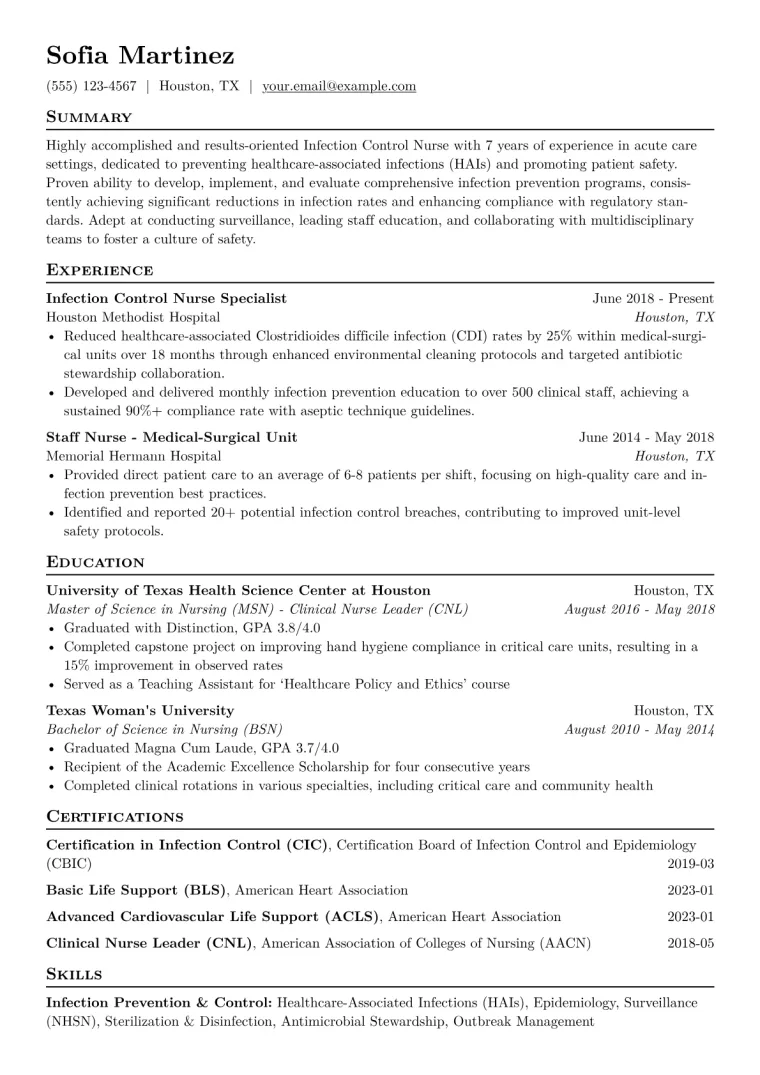 Infection Control Nurse Resume Example CV template preview