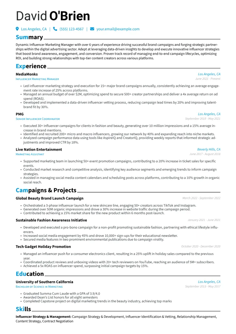 Influencer Marketing Manager Resume Example CV template preview
