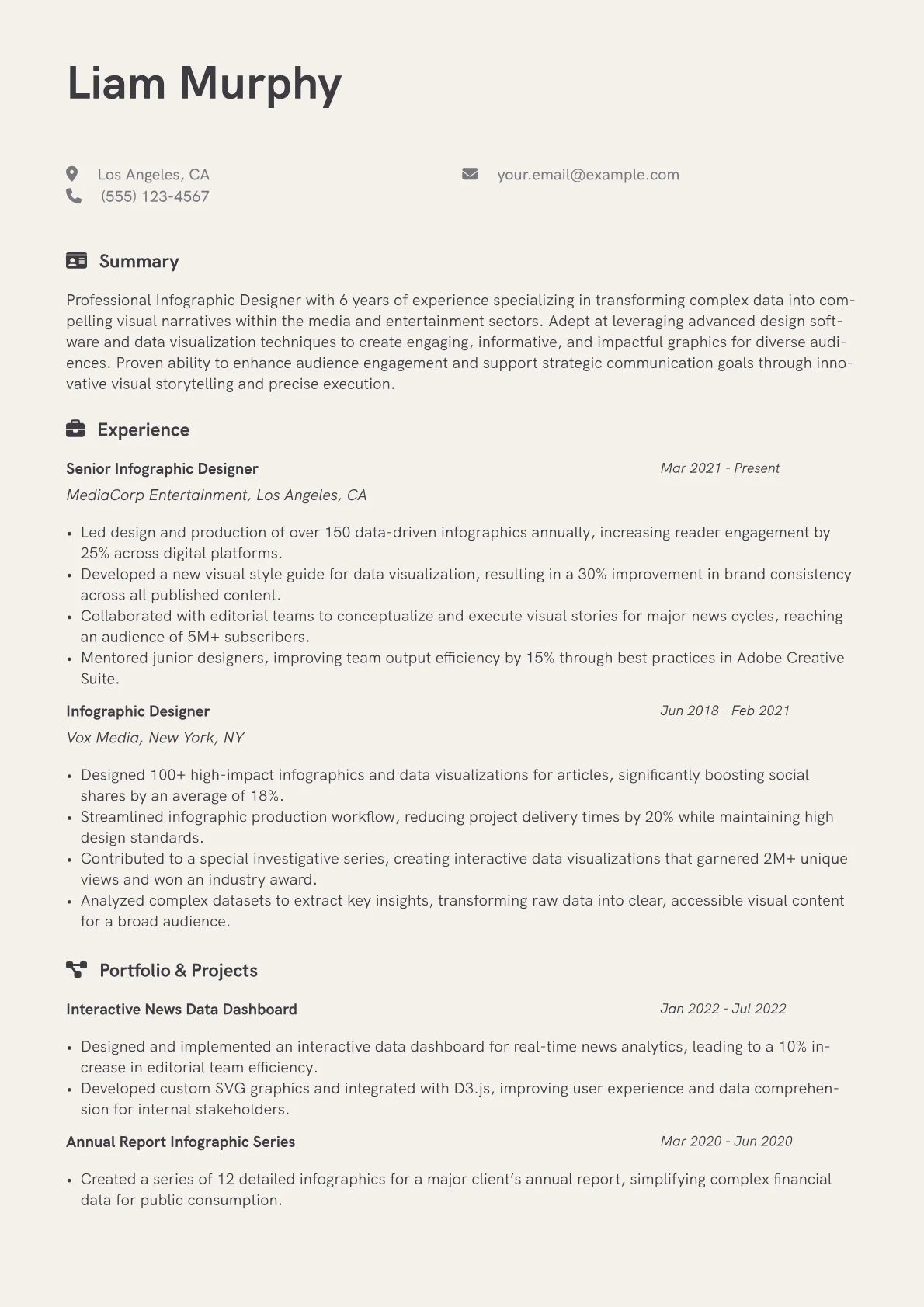 Infographic Designer Resume Example CV template - Page 1