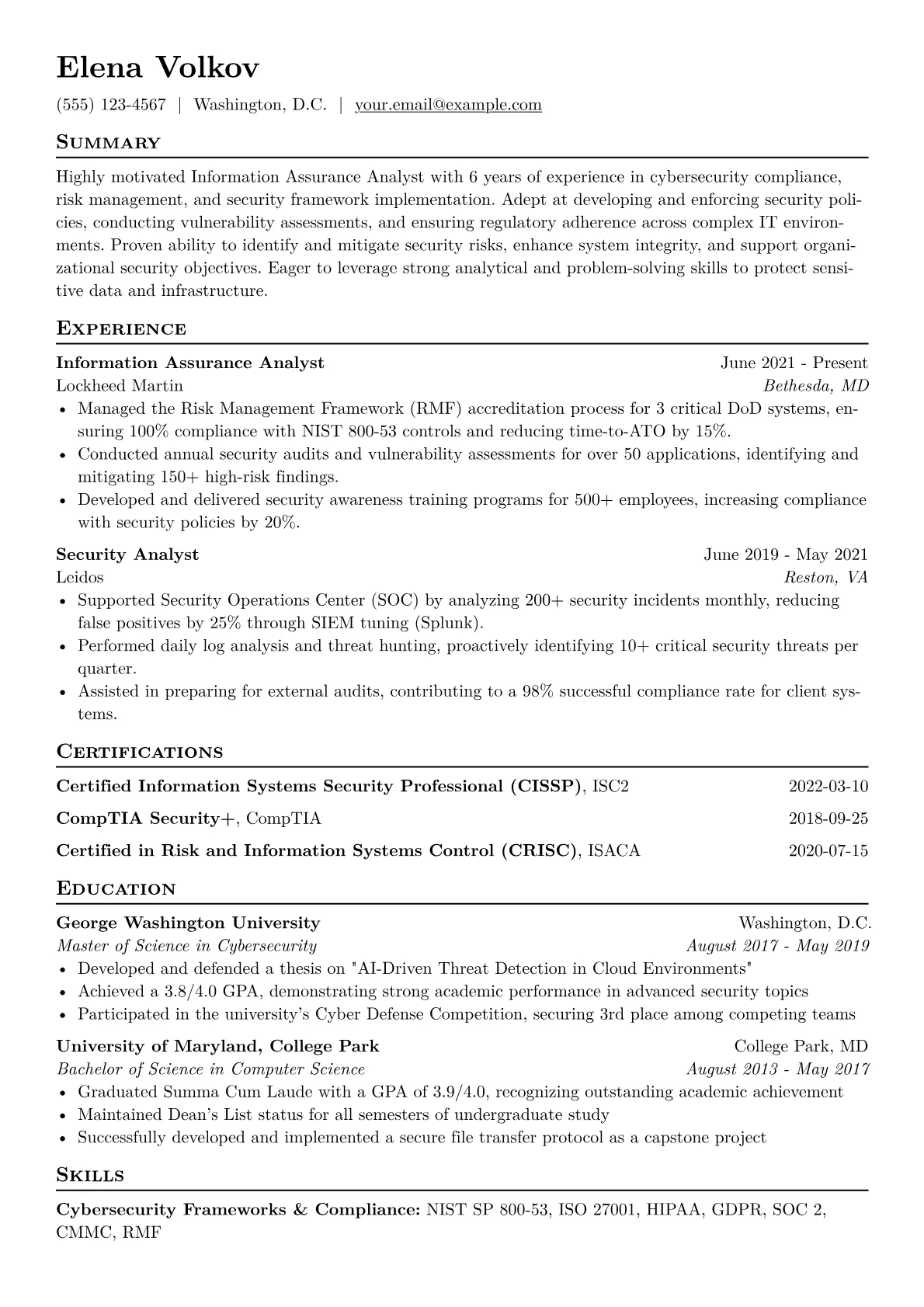 Information Assurance Analyst Resume Example CV template - Page 1