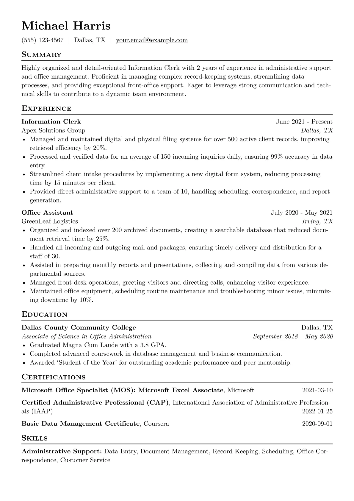 Information Clerk Resume Example CV template - Page 1