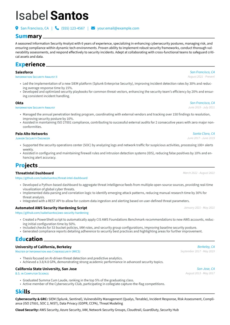 Information Security Analyst Resume Example CV template preview