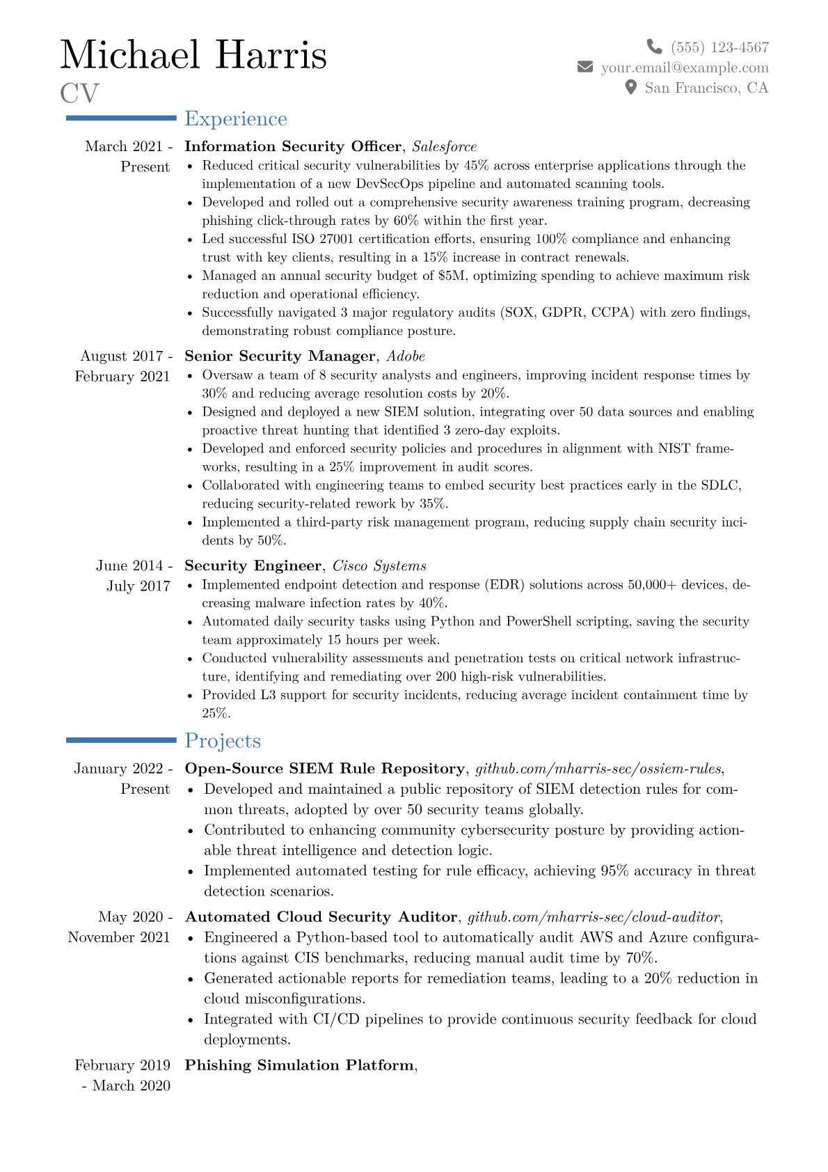 Information Security Officer Resume Example CV template - Page 1