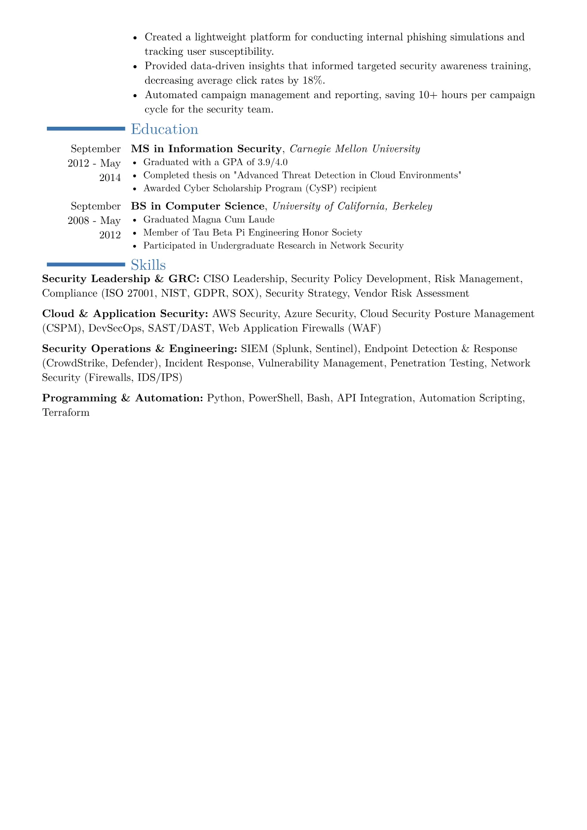 Information Security Officer Resume Example CV template - Page 2