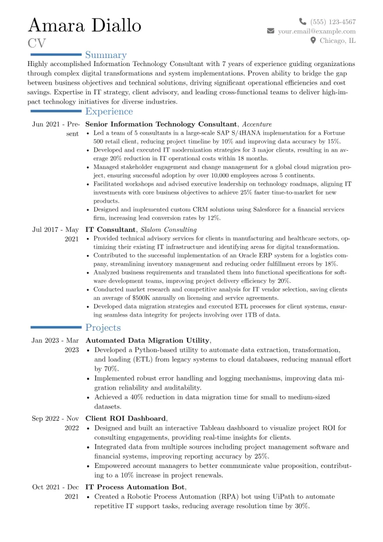 Information Technology Consultant Resume Example CV template preview