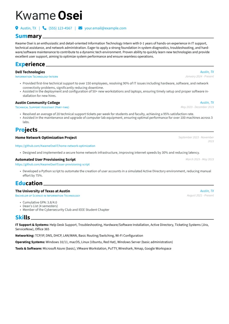 Information Technology Intern Resume Example CV template preview