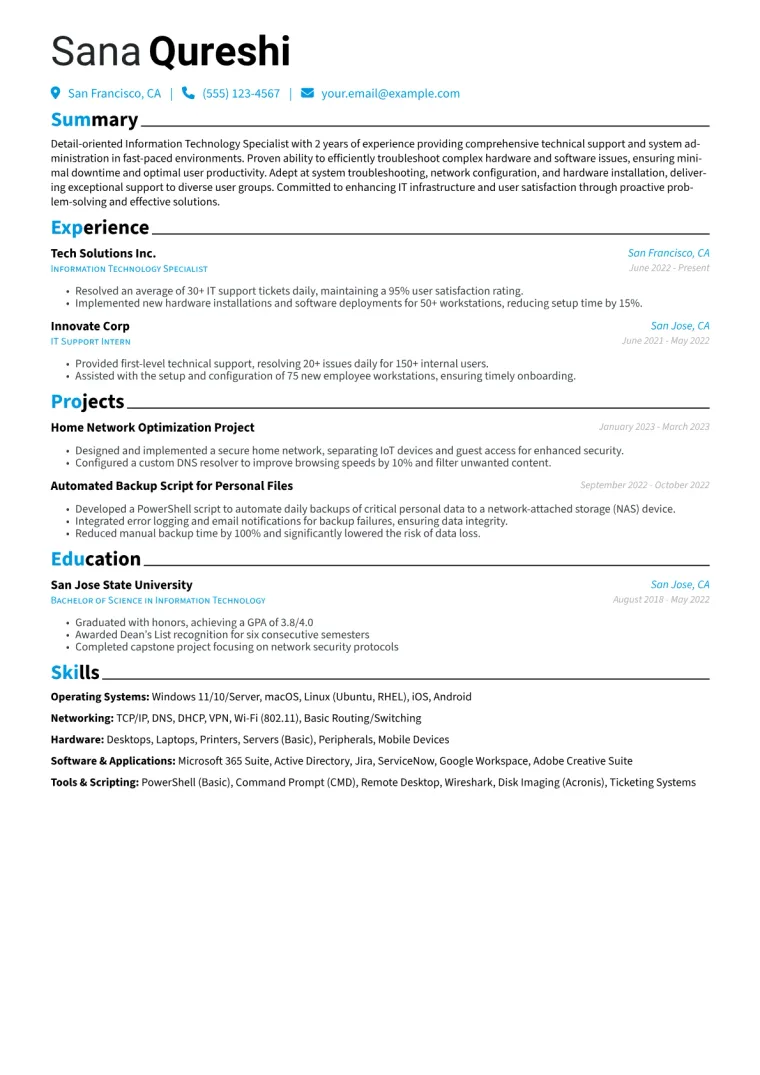 Information Technology Specialist Resume Example CV template preview