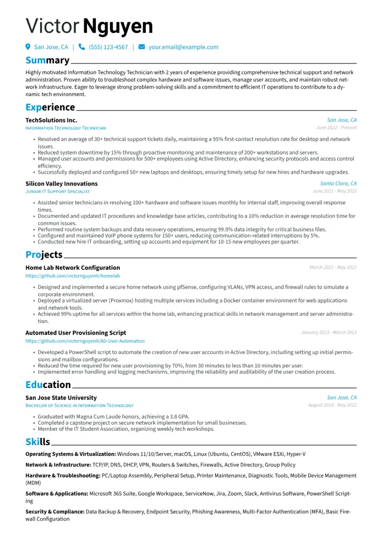 Information Technology Technician Resume Example CV template preview