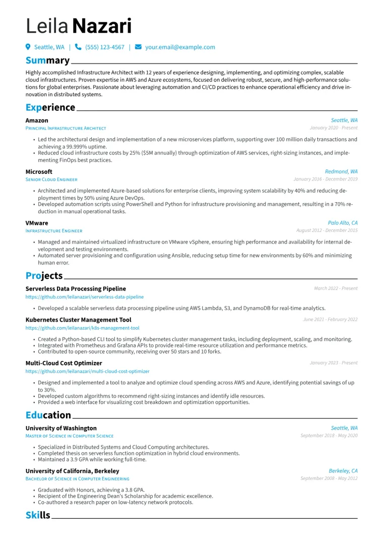 Infrastructure Architect Resume Example CV template preview