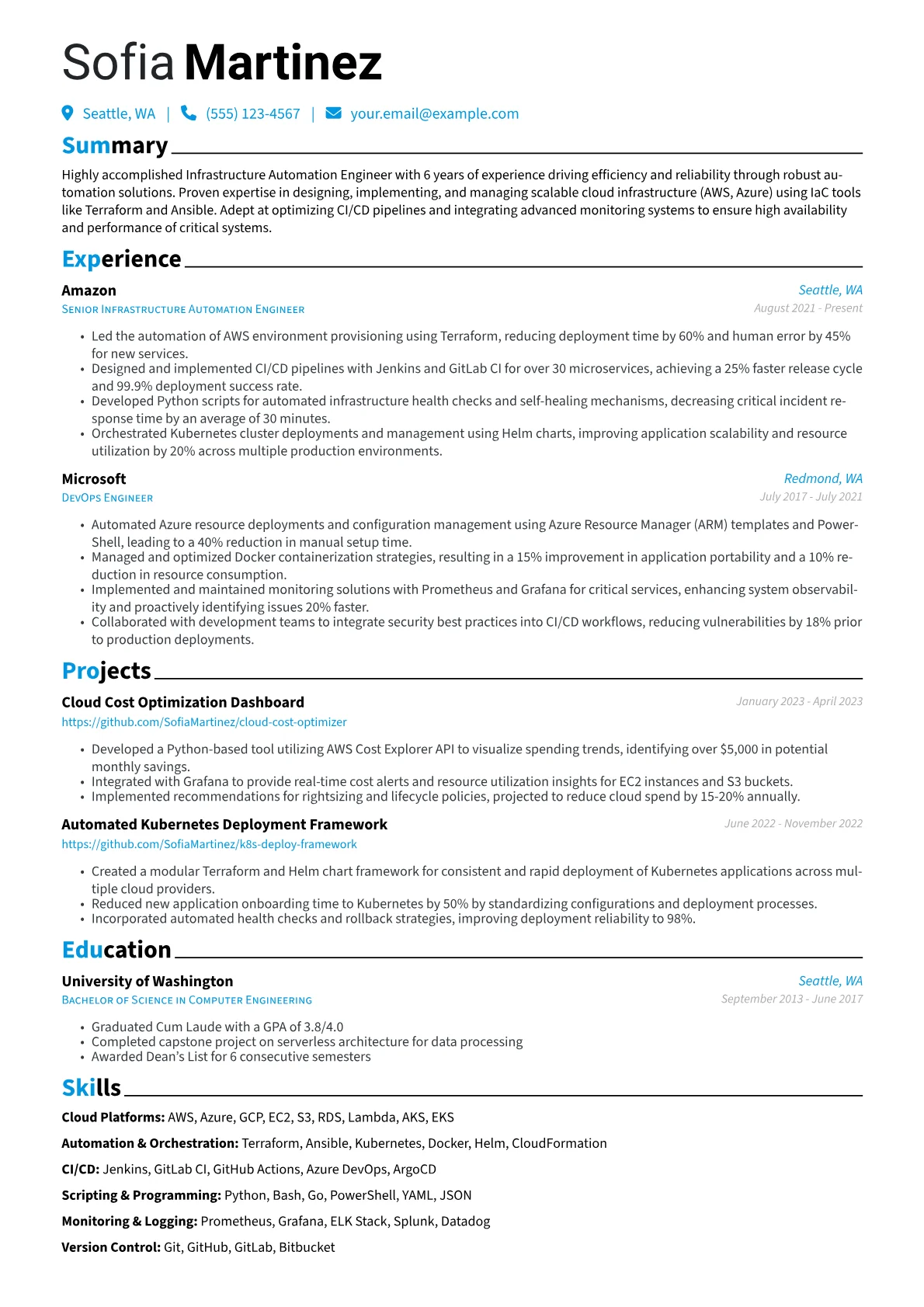 Infrastructure Automation Engineer Resume Example CV template - Page 1