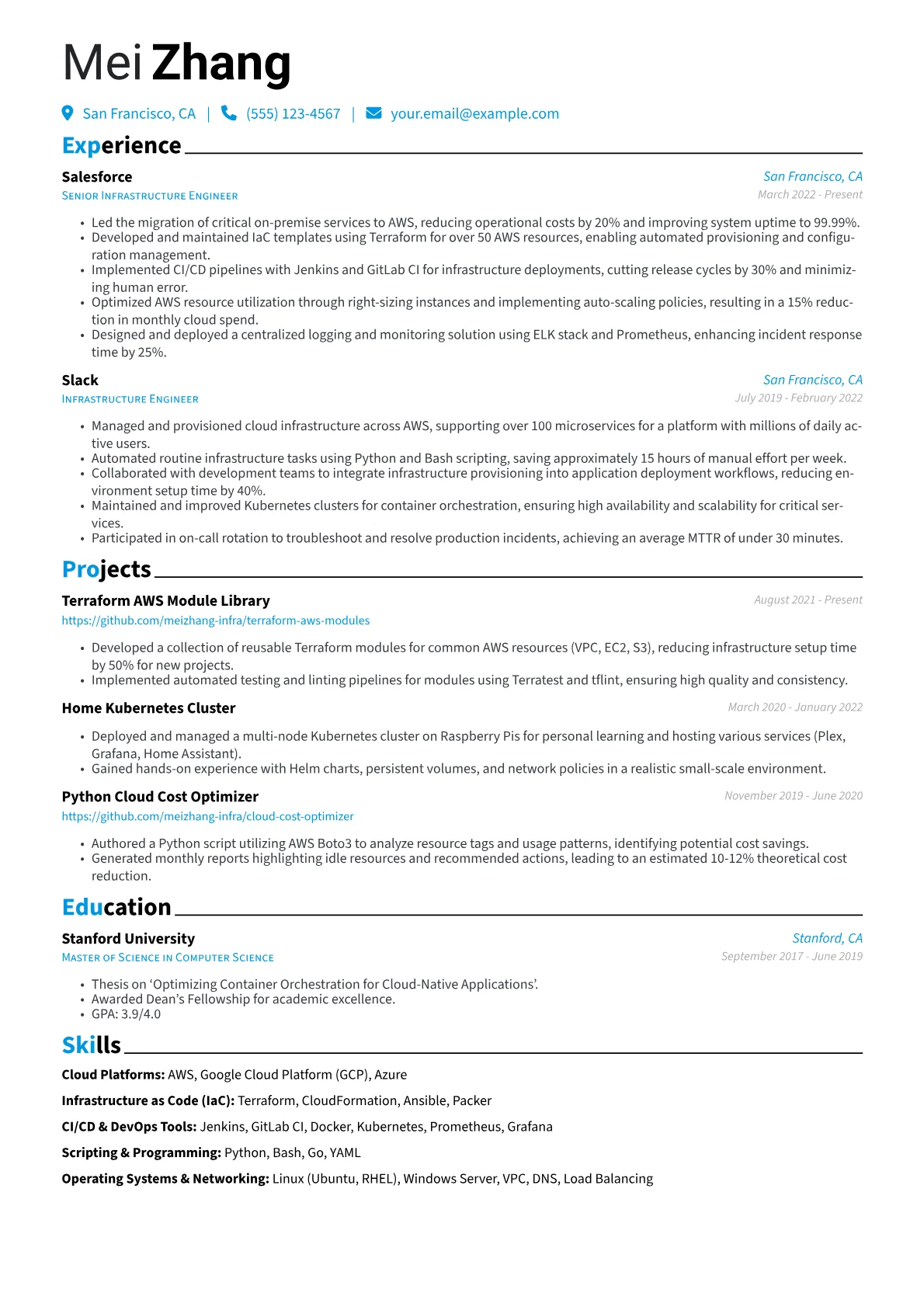 Infrastructure Engineer Resume Example CV template - Page 1
