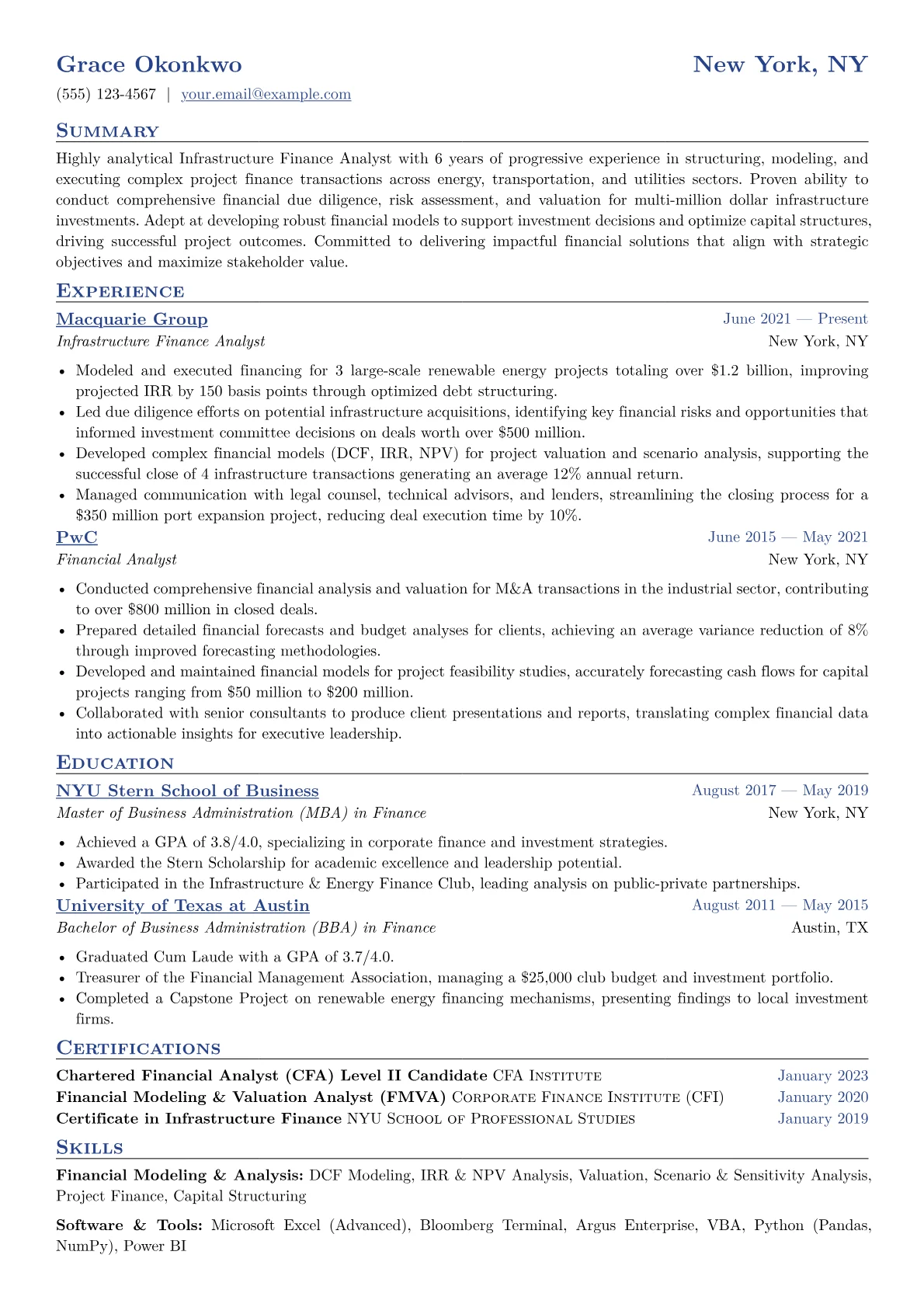 Infrastructure Finance Analyst Resume Example CV template - Page 1