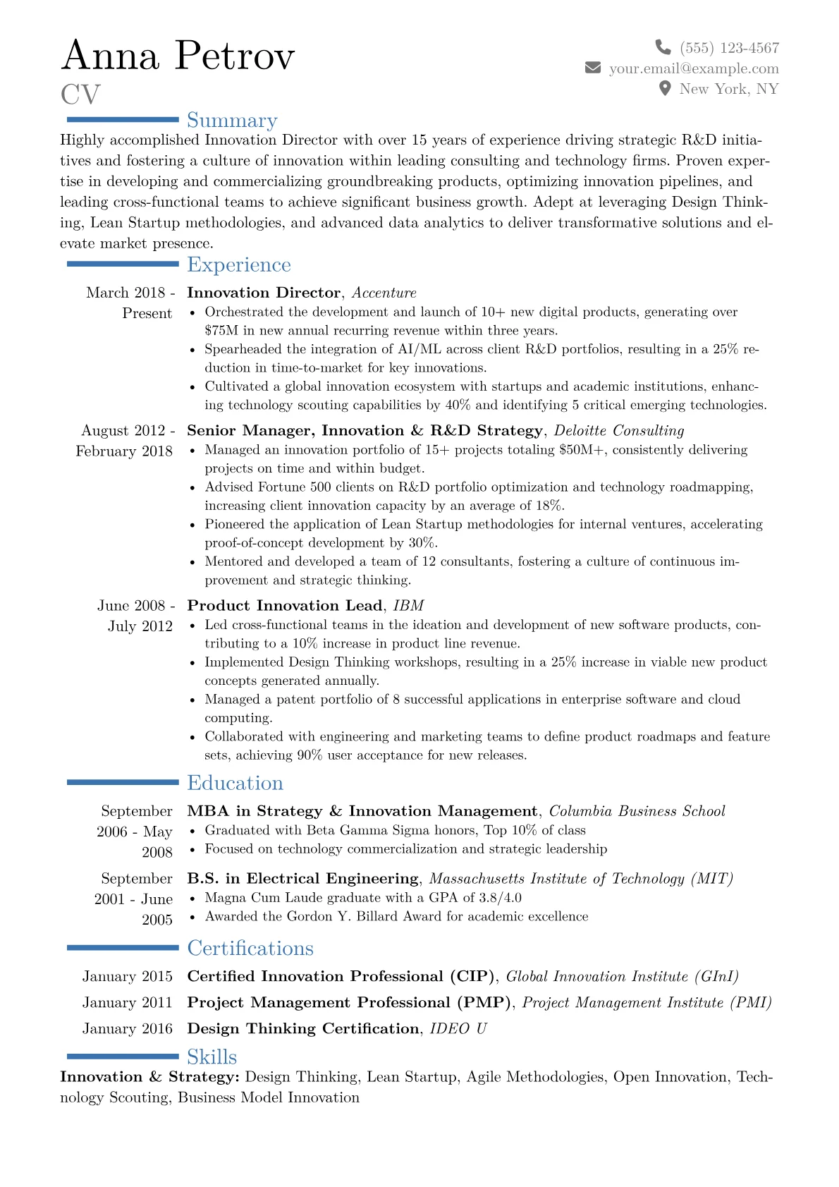 Innovation Director Resume Example CV template - Page 1