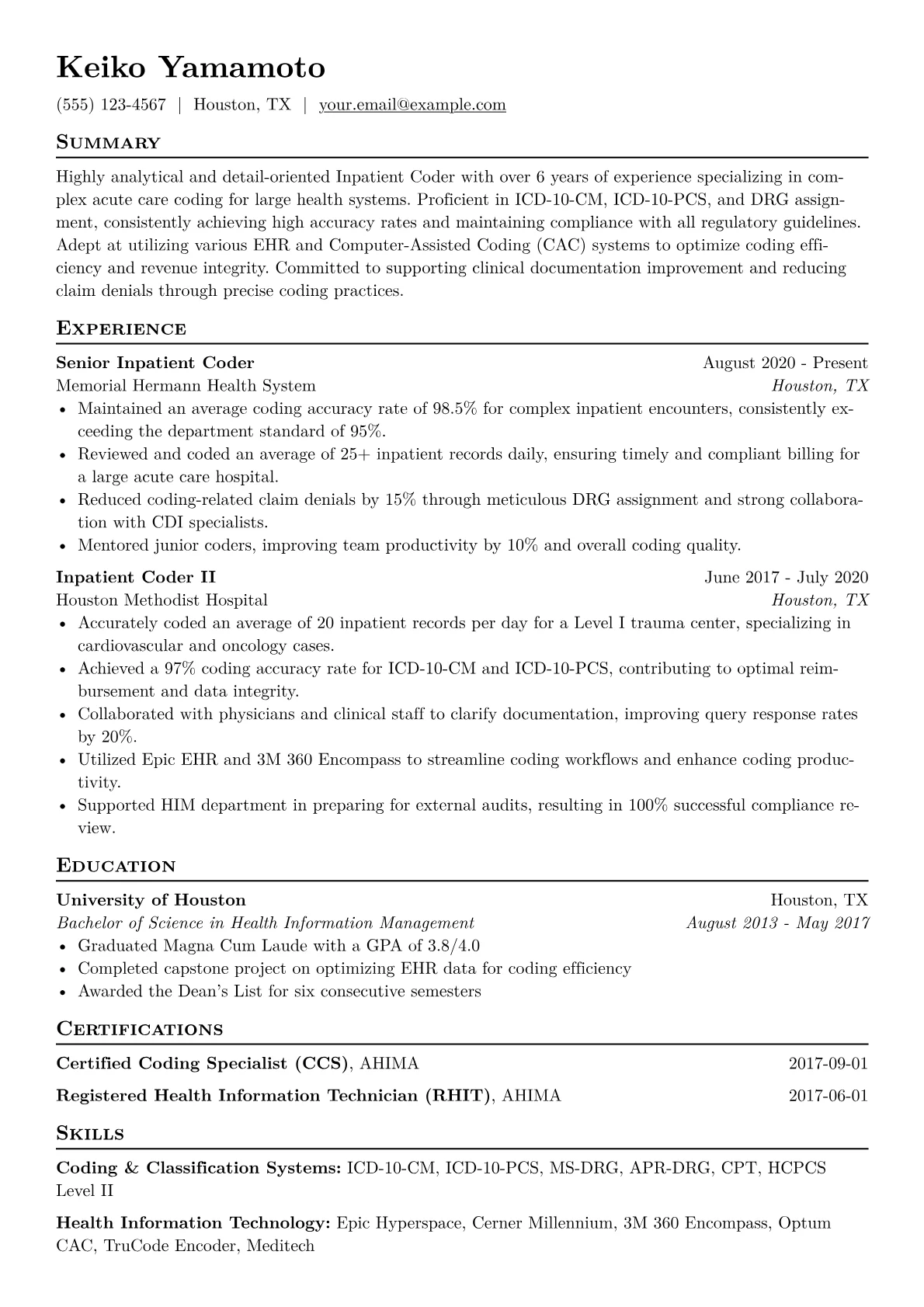 Inpatient Coder Resume Example CV template - Page 1