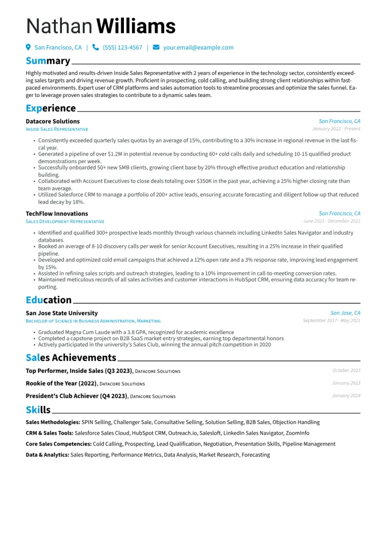 Inside Sales Representative Resume Example CV template preview