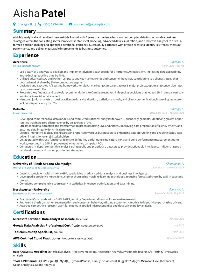 Insights Analyst Resume Example CV template preview
