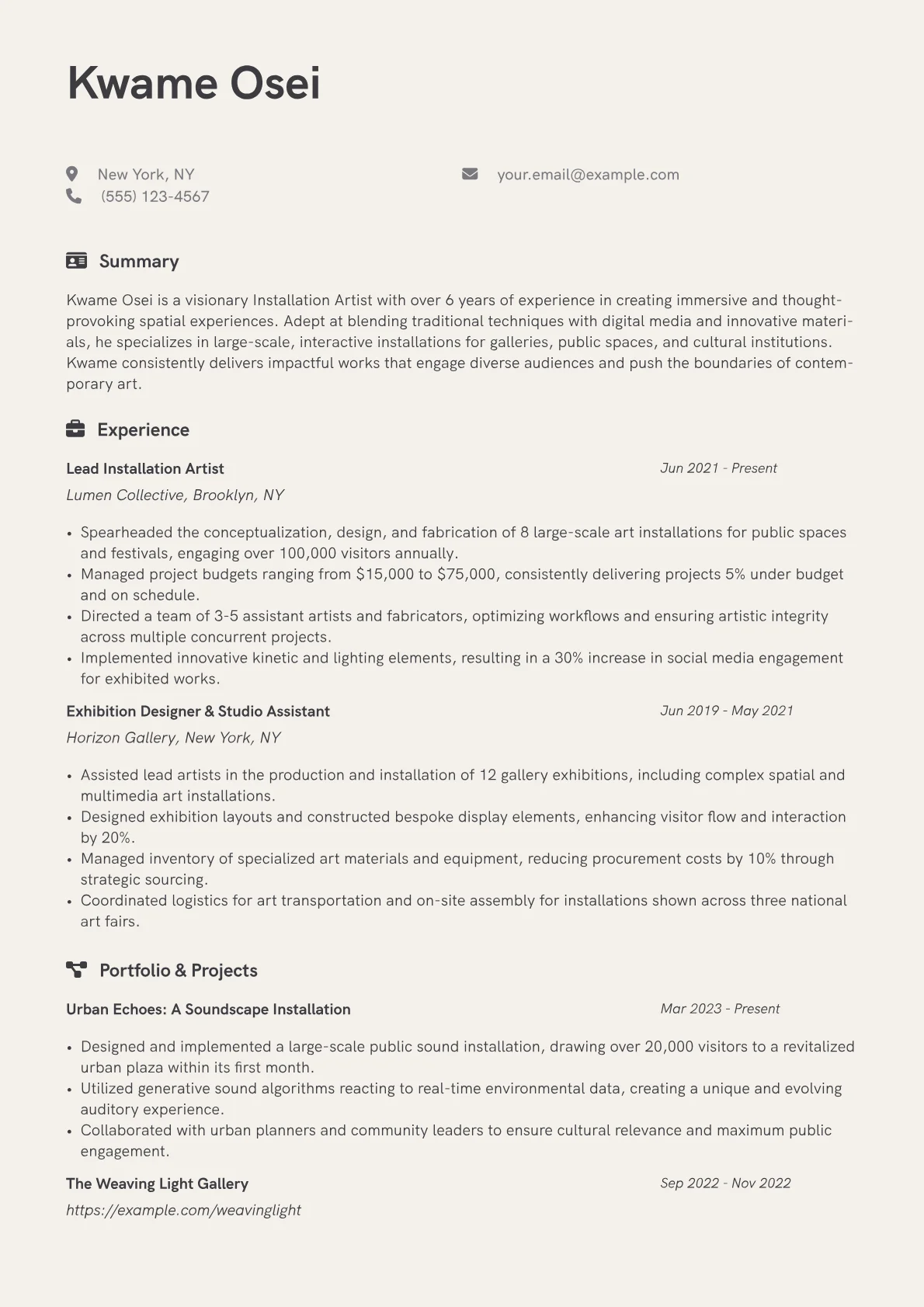Installation Artist Resume Example CV template - Page 1