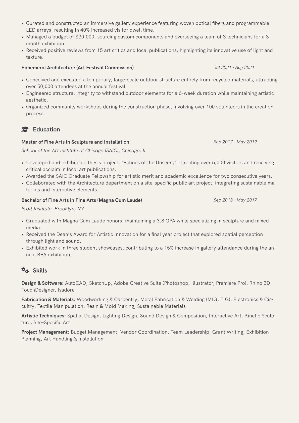 Installation Artist Resume Example CV template - Page 2