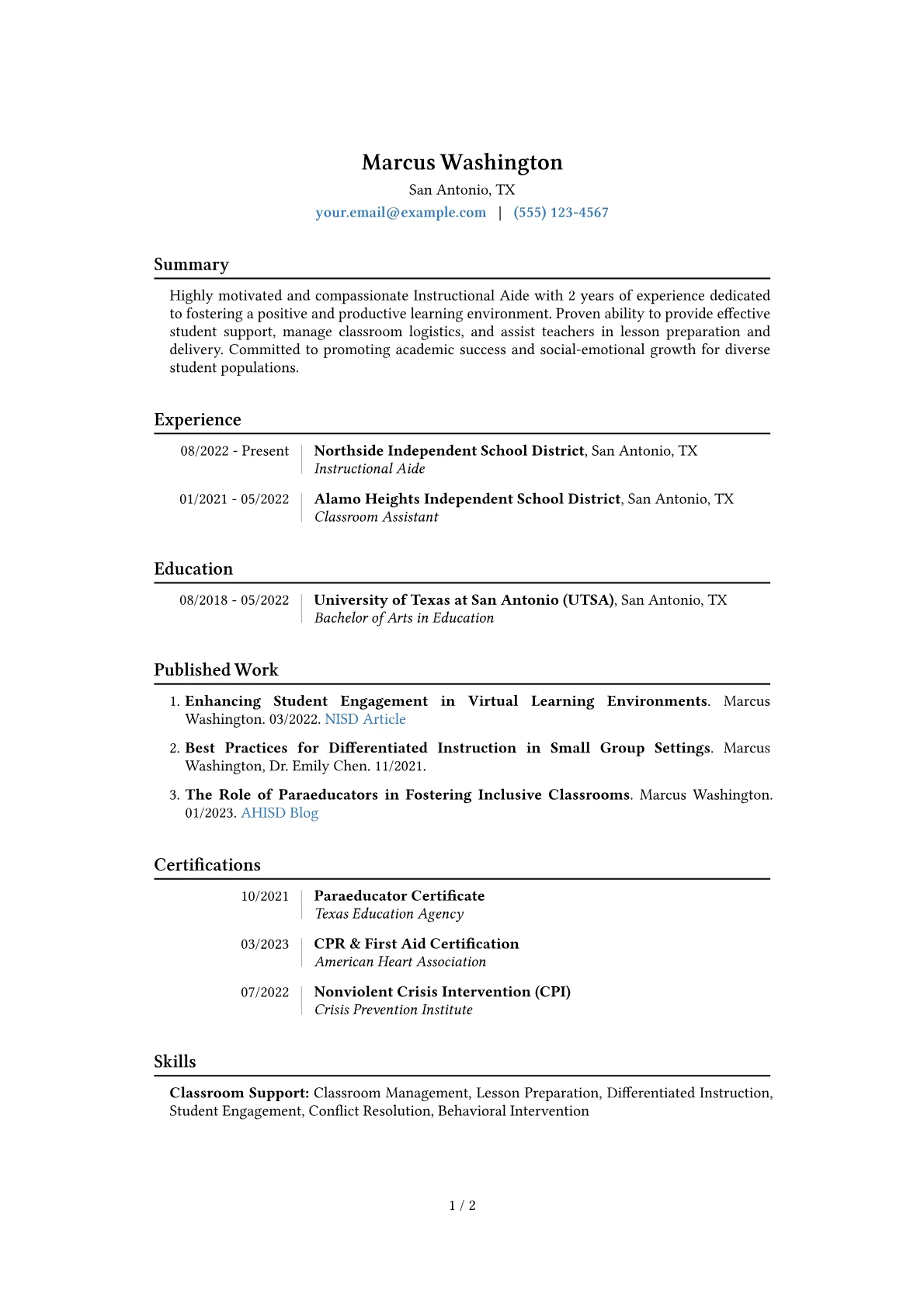 Instructional Aide Resume Example CV template - Page 1